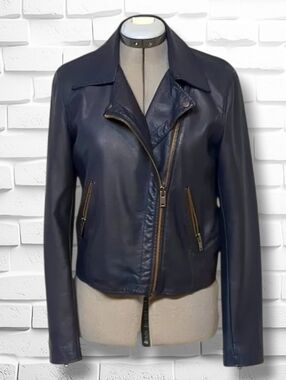 Anthropologie Navy Blue Faux Vegan Leather Moto Jacket | Size Medium